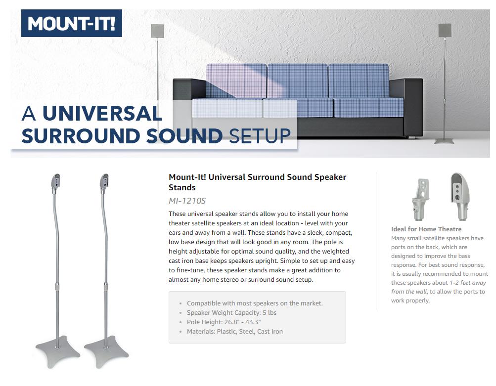Mount-It 2 Satellite Speaker Stands for Surround Sound Home Theater Silver 