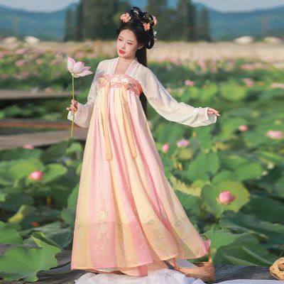 ชุดฮั่นฝูสไตล์จีนสำหรับผู้หญิง,เครื่องแต่งกายเจ้าหญิงผ้าพิมพ์ลายดอกไม้งดงามสำหรับผู้หญิงชุดเต้นรำนางฟ้าราชวงศ์ถังโบราณ