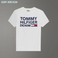 Tommy Hilfiger เสื้อยืดสีขาวของผู้ชายเสื้อยาวปิดถึงก้นหล่อของผู้ชายโลโก้พิมพ์ลายแขนสั้นทันสมัย