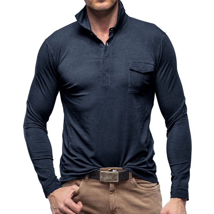 เสื้อโปโลแขนยาวสไตล์ฤดูใบไม้ร่วงผู้ชายสไตล์ฮาเรียนเสื้อโปโลกระดุมลำลอง-berdiri-kolar-เสื้อยืดบางเฉียบลายกระเป๋าปะติด