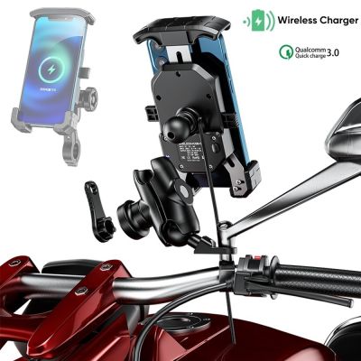 【CW】 Anti Theft Motorcycle Holder Mount Charger 15W  amp; USB C Mirror Handlebar 1 quot; Stem