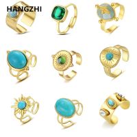 【YF】 Vintage Rings For Women Green Natural Stone Geometric Simple Stainless Steel Open Adjustable Girls Ring Holiday Gifts