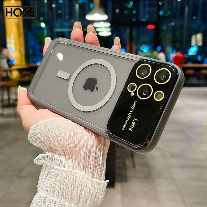 hoce-เคสโทรศัพท์แม่เหล็กหน้าต่างใหญ่โลหะสำหรับ-iphone-14-13-12-11-pro-max-14-plus-เคสป้องกันเลนส์ฝาครอบเคสกันกระแทกมือถืออะคริลิค