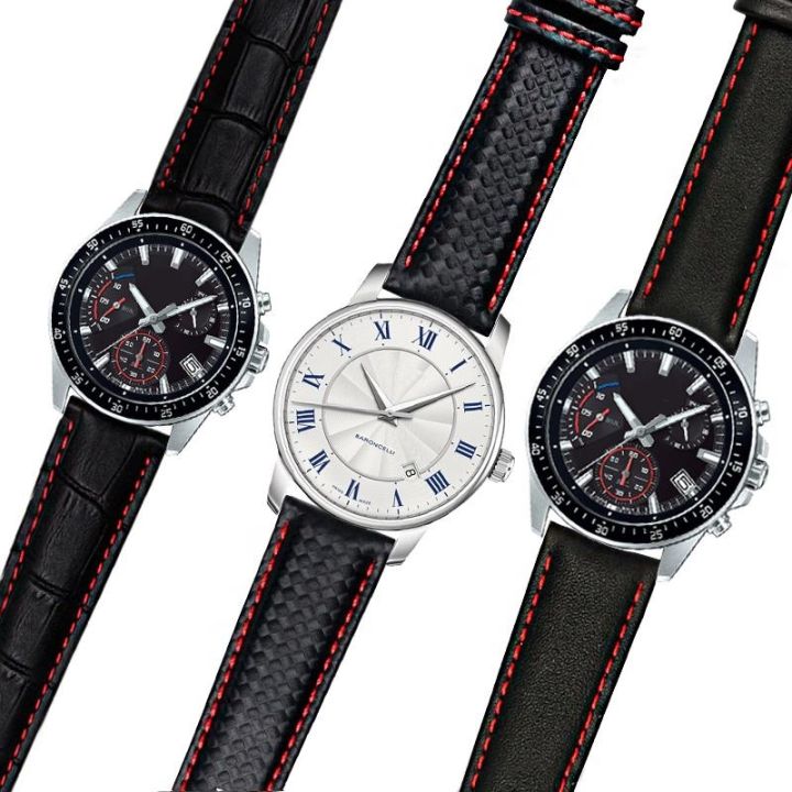 สำหรับ-mido-baroncelli-citizen-สายนาฬิกาหนังแท้สีดำพร้อมสายสีแดง-first-layer-เข็มขัดหนัง-20-22mm-men-quick-release