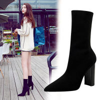 3129-2 fall and winter fashion new simple thick heel high heel pointed sexy nightclub show thin wool short boots