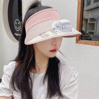 2022 New ladies with fan USB rechargeable large rim uv visor summer outdoor sun protection empty top hat