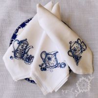 ஐ [Camellia Casa] Blue White Elegant Cute Teapot Kitchen Embroidered High Quality Pure Linen Napkin Table Decor Home Airbnb