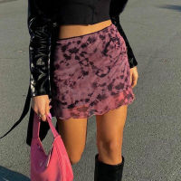 Goth Tie Dye Mesh High-Waisted Skirt Women Summer Aesthetics Ruffles A-Line Mini Skirts Vintage Outfits Double Layer Clubwear