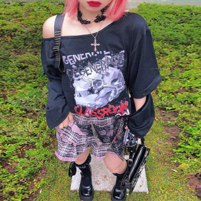 KOSAHIKI Y2k T-shirt Women Harajuku Black Vintage Tops Skull Print Off Shoulder Belted Tee Shirt Summer  Japan Streetwear