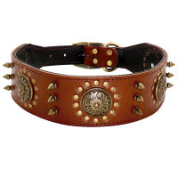 Leather Large Dog Collar Pitbull Spiked Studded Collars for Medium Large Big Dogs Genuine Leather Durable Pet Collar Brown