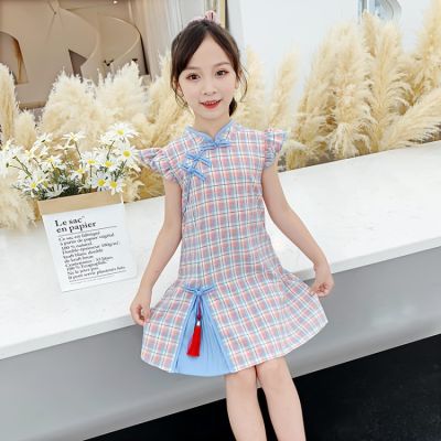 YDKids Wear Kids Girls Chinese Style Cheongsam Sleeveless Plaid Dress