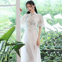 Sheng Coco White Chiffon Embroidery Chinese Style Evening Dresses Dinner Small Banquet Host Engaged Woman Chinese Cheongsam