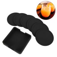 7pcs Non-slip Silicone Drinking Coaster Set Holder Cup Coaster Mat Set Black Round Silicone Mat Home Office Table Decor Cup Pad