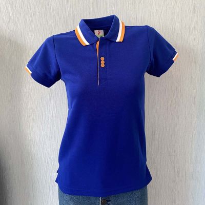 เสื้อโปโลหญิง ทรงเข้ารูป polo shirt แบบหญิง สีน้ำเงินคอคลีปขาวส้ม เนื้อผ้านุ่ม สวมใส่สบาย มีบริการส่งเก็บเงินปลายทาง