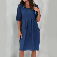 2023 Casual Summer Women Dress Short Sleeve O-neck Pockets Office Lady Beach Style A-LINE Knee-Length Dresses