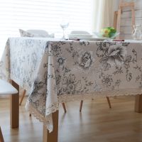 Cotton Floral Printed Tablecloth Rustic Linen Rectangular Lace Edge Tablecloth For Dining Kitchen Table Protector Cover Mantel