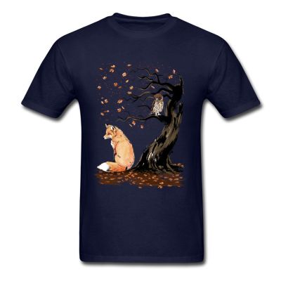 Artistic Design T-shirt For Men Owl And Fox Print Clothing Birthday Gift Cotton Sweaters 100% Cotton Gildan