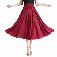 ‘；’ Womens Casual Elastic High Waist Pleated A-Line Beach Skirts High Quality Chiffon Long Skirt Boho Saia Feminina Faldas Jupe