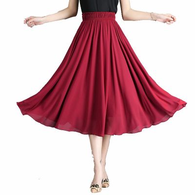‘；’ Womens Casual Elastic High Waist Pleated A-Line Beach Skirts High Quality Chiffon Long Skirt Boho Saia Feminina Faldas Jupe