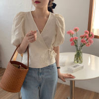 HziriP Korean Design Sense Vintage Puff Sleeve Dark Pattern Ladies 2021New Fashion Jacquard Lace All-Match Blouse Short Shirt