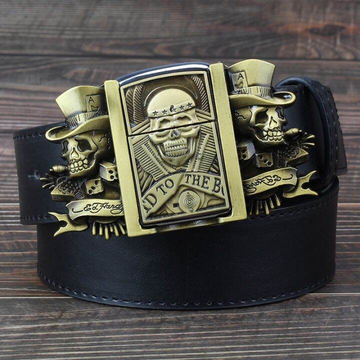 {Chaoliu belt}Men 39;s Belt with lighter Golden skull lighter belt