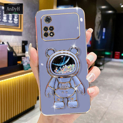AnDyH Phone Case For Xiaomi Poco M4 Pro 4G 6D Straight Edge PlatingQuicksand Astronauts space Bracket Soft Luxury High Quality New Protection Design