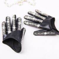 fashion half palm Gloves ladys red white black leather mens hip-hop rhinestone diy dancing