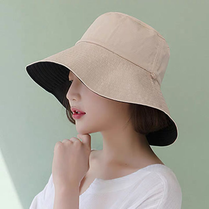 gz-store-เน็ตไอดอล-หมวกชาวประมง-ปะเก๊ต-ผู้หญิง-หมวกผ้า-กันแดด-ใส่ได้สองด้าน-สไลด์เกาหลี-หมวกกันแดดกันยูวี-หมวกผ้าปีกใหญ่-สีดำ