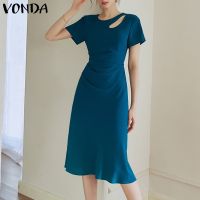 ✉ VONDA Women Korean Round Neck Short Sleeve Solid Color Hollow Out Holiday Midi Dress