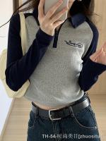 卍✵ Design and personality niche polo collar short sweet and spicy long-sleeved T-shirt 2023 spring and autumn retro right shoulder womens tops