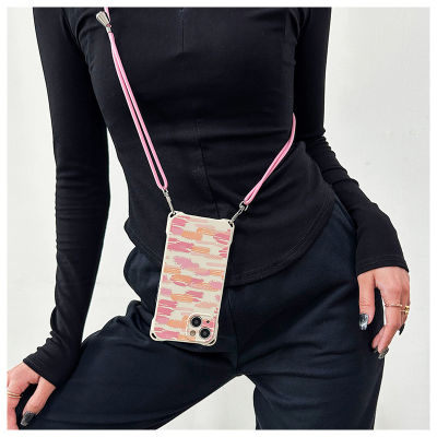 ins Pink Doodle Phone Case สำหรับ iPhone14Promax Pink Carry-on กระเป๋าสะพาย Braided Rope สำหรับ iPhone13Pro Frosted Case สำหรับ iPhone12Promax ซิลิโคน Anti Drop Bezel Case สำหรับ iPhone11