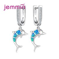 Blue Fire Opal Dolphin Earrings For Girl Party Jewelry 925 Sterling Silver Dangle Earring With Rhinestone Brincos Gift