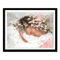 5D DIY Diamond diamond embroidery A woman lying in the flower sea mbroidered Cross Stitch Home decoration Gift