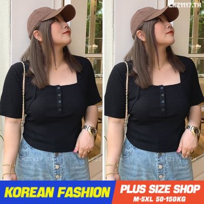 ▩✌♨ Plus size เสื้อผ้าสาวอวบ❤ เสื้อยืดสาวอวบอ้วน ไซส์ใหญ่ ผู้หญิง ทรงหลวม แขนสั้น คอเหลี่ยม สีดำ ฤดูร้อน สไตล์เกาหลีแฟชั่น