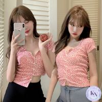 ?Korea NEW เสื้อครอปแขนสั้นลายเสือดาวสีชมพู กระดุมหน้า คอกลม