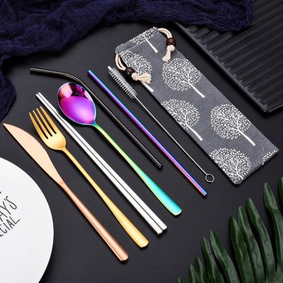Portable Reusable Travel Dinnerware Set 304 Stainless Steel Fork Scoop Chopsticks Straw Brush Set Rainbow Cutlery with Pouch Flatware Sets