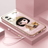 (คลังสินค้าพร้อม) เคสเคสมือถือสำหรับ Vivo Y51 2020 /Y51A 2021พร้อมฟรีสายคล้อง + การ์ตูนสาวน่ารักขอบสี่เหลี่ยมชุบเคลือบเคสฝาหลังนิ่ม