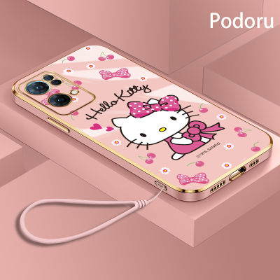 เคส OPPO Reno7 Pro 5G ชุบทองเรียบง่ายสุดหรูเคสโทรศัพท์ Hello Kitty เคสซิลิโคนเนื้อนิ่ม