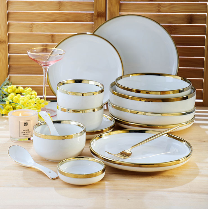TJE HOME White Nordic Luxury Set Ceramic Tableware/ Dinnerware Set Gold