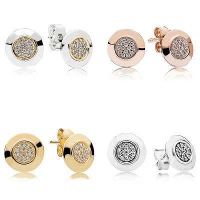 Authentic 925 Sterling Silver Sparkling Rose Pan Logo With Crystal Stud Earrings For Women Wedding Gift Fashion Jewelry