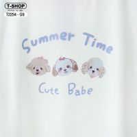 T2254 เสื้อครอป ทูโทน แขนสลับสี สกรีน Summer Time Cute Babe