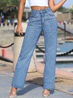 Hot sell Trendy Street Personality Nail Diamond Craft Denim Straight Leg Pants Female