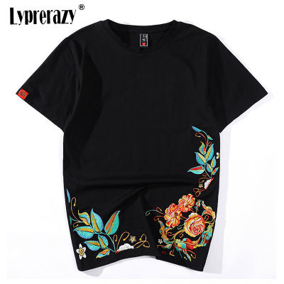 Lyprerazy Mens Hip Hop Chinese Peony Embroidered Flower T-Shirt Streetwear Tops Tees Harajuku Embroidery Ethnic Clothes