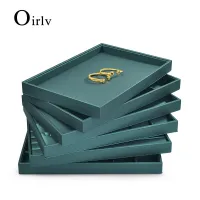 Oirlv ถาดโชว์หนัง PU สีเขียวถาดกล่องเครื่องประดับ35*24*3ซม. สำหรับห้อยกำไลข้อมือปรับแต่งได้