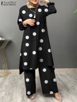 Elegant Polka Dots Long Sleeve Blouse Wide Leg Pants Sets ZANZEA Muslim Matching Set Two Pieces Solid Loose Urban Tracksuits