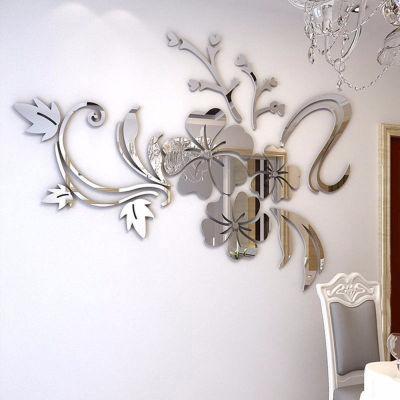 Novelty 3D Mirror silver Gold Flower Wall Stickers Purple Party Wedding Decoration Home Decor Wall Sticker