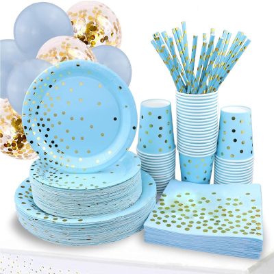 Blue Gold Wave Point Quality Disposable Tableware Plate Pennant Girl Holiday Birthday Party Decoration Children Bathing Party