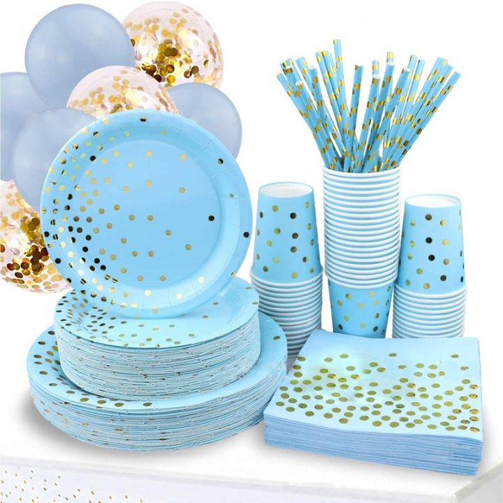 blue-gold-wave-point-quality-disposable-tableware-plate-pennant-girl-holiday-birthday-party-decoration-children-bathing-party