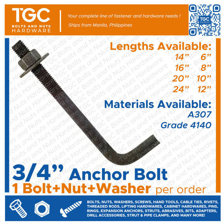 1SET 3 4 Inches Anchor Bolt L Type A307 4140 BI With Nut And Washe 1set-3-4-inches-anchor-bolt-l-type-a307-4140-bi-with-nut-and-washe
