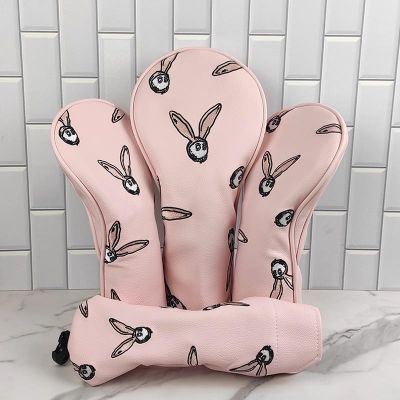 ♙❀ Pink rabbit Ears Golf Club Headcovers For Driver Fairway Wood Hybrids Putter Covers waterproof PU Leather Protector Cover